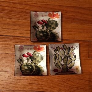 3 Glass Cactus Design Trinket Dishes, Square, 4", NWT